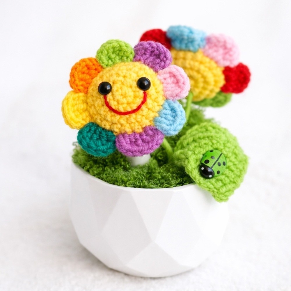 Crochet Flower Pot Amigurumi Smiling Flowers Desk Decor Handmade Gift Cute Plant